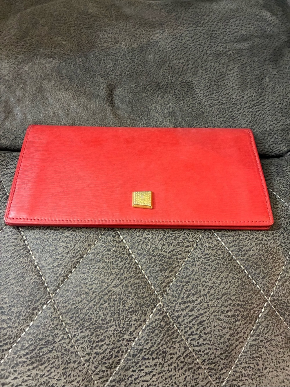 Christian Dior Red Leather Clutch Wallet with Gold Accent